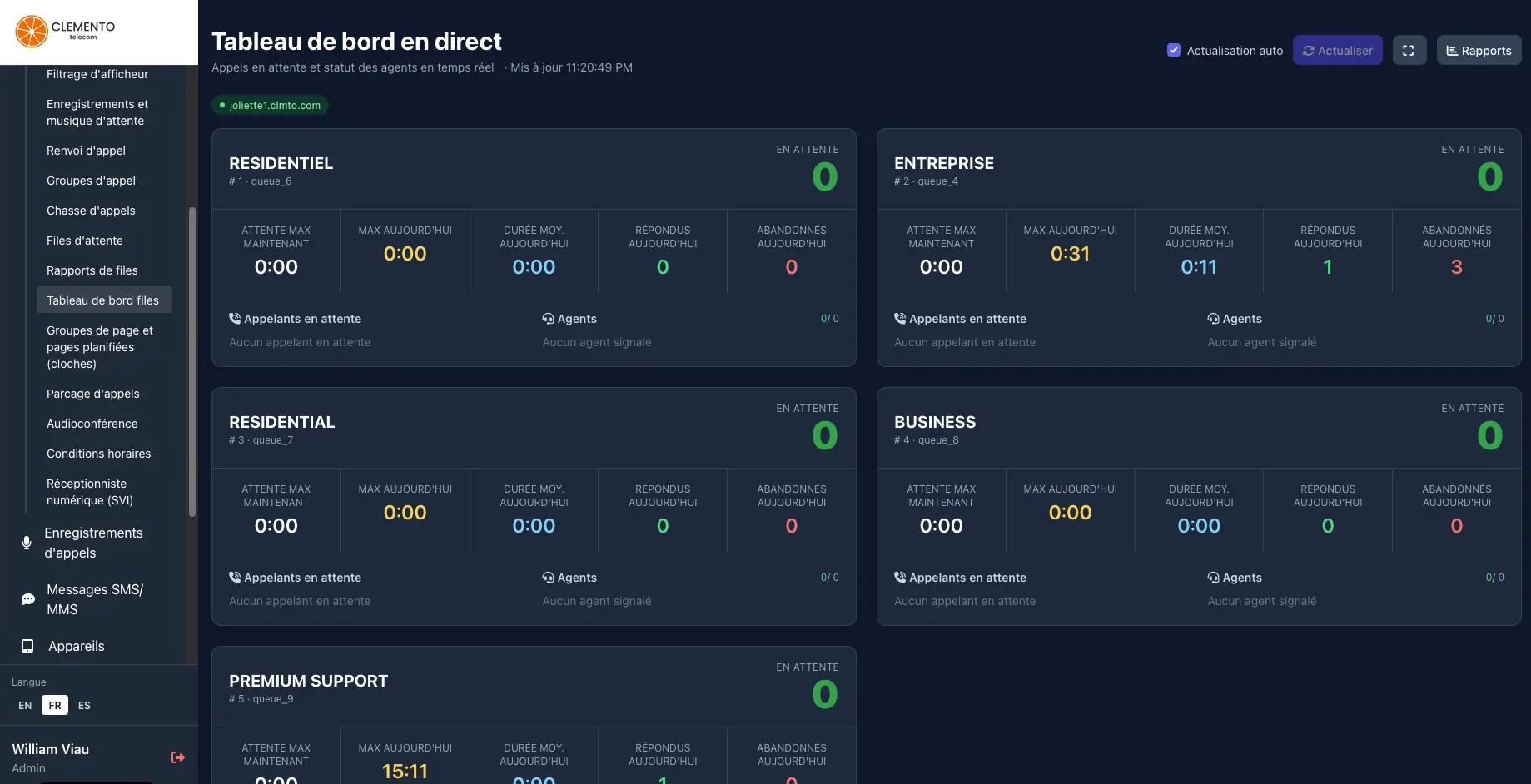 Wallboard des files d’attente en direct dans le portail — appelants en attente et statut des agents