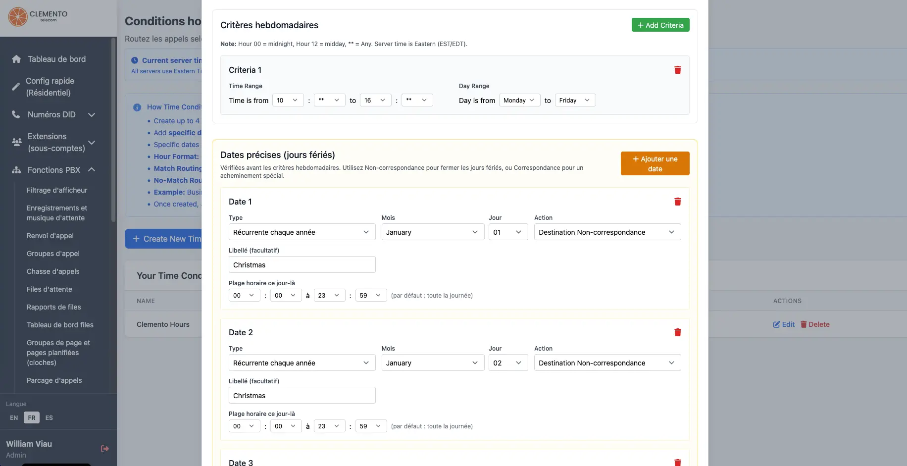Configuration des conditions horaires dans le portail — plages hebdomadaires et jours fériés