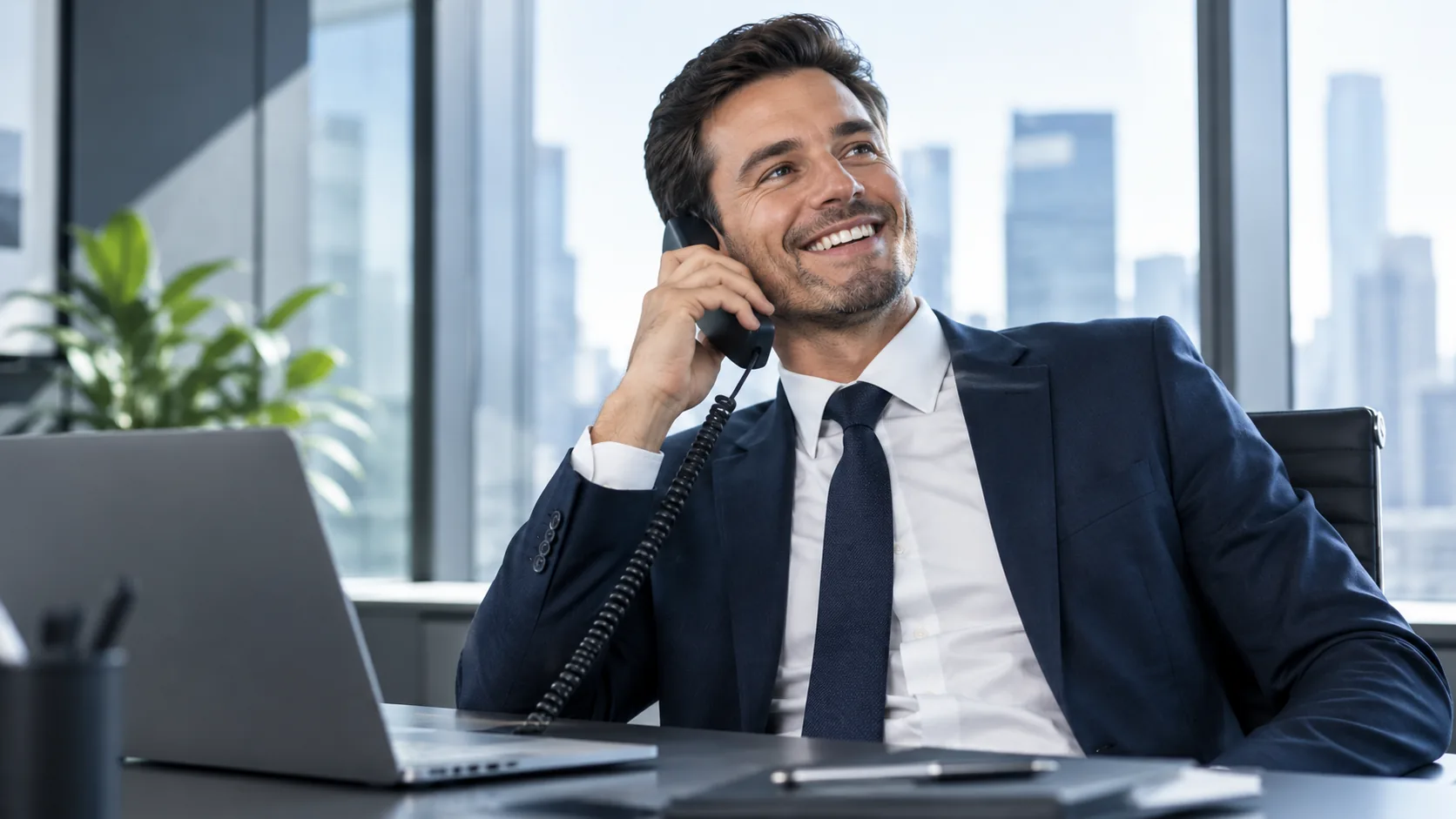 Gestionnaire souriant au téléphone dans son bureau, devant son ordinateur portable